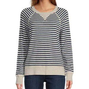 Organic Cotton Slub Knit Stripe Print Crew Neck Long Sleeve Sweater, L